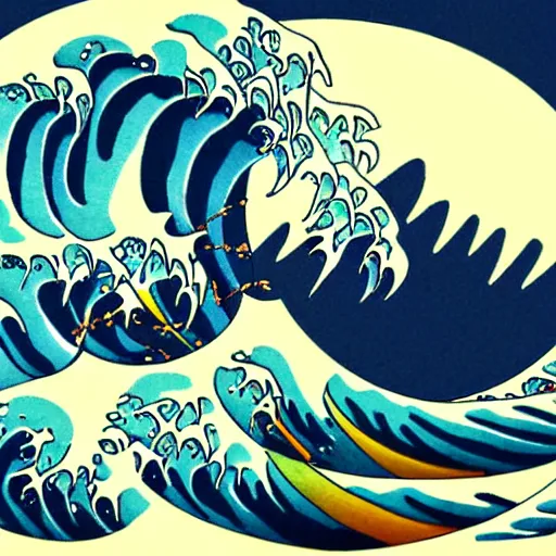 Prompt: detailed illustration, a elderly man surfing in the style of the great wave off kanagawa, surfing, 🏄,