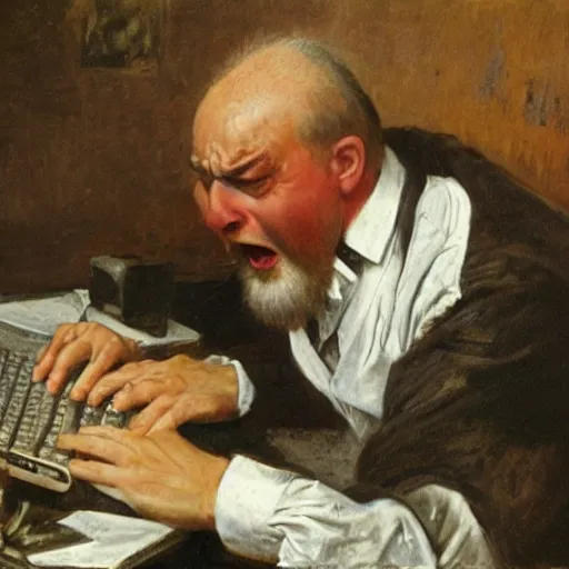 Image similar to an angry man yells at his computer monitor, oil on canvas, 1 8 8 3, highly detailed