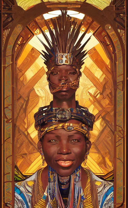 Image similar to a retro futuristic african tribal chief, art by joseph christian leyendecker, design blocking by alphonso mucha and drew struzan, highly detailed, digital painting, airbrush, concept art, illustration, smooth sharp focus, intricate, symmetry,