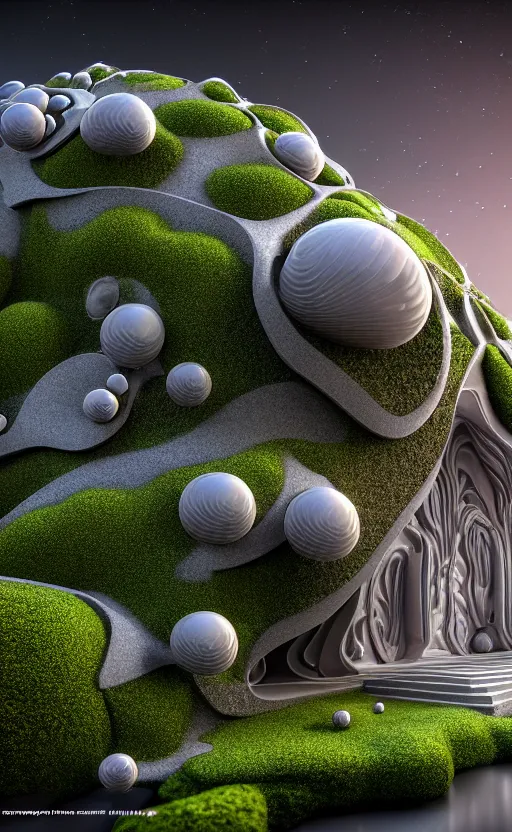 Image similar to highly detailed ultra sharp 3 d render villa cinematic composition of a smooth ceramic porcelain biomorphic magnolia stone nebula fluid fractal sci - fi surreal architecture landscape, granite, metallic, magnesium, marble, moss and lichen, vincent callebaut composition, mamou - mani, archviz, beautiful lighting, 8 k, unreal engine, hdr,