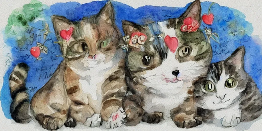 Image similar to watercolor illustration style, cute! cats!!! watch news in computer