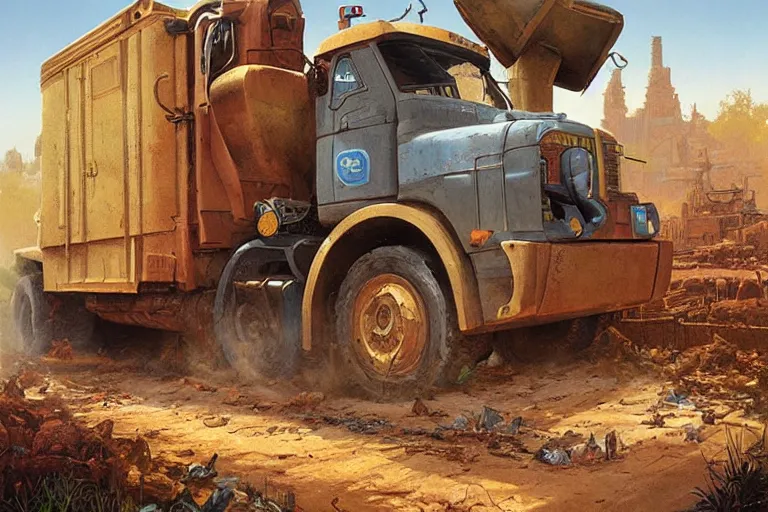 Prompt: cover art, poster of a dump truck dumping dirt in a back yard with a boy driving, by bruce pennington, and tim hildebrandt and greg rutkowski and artgerm