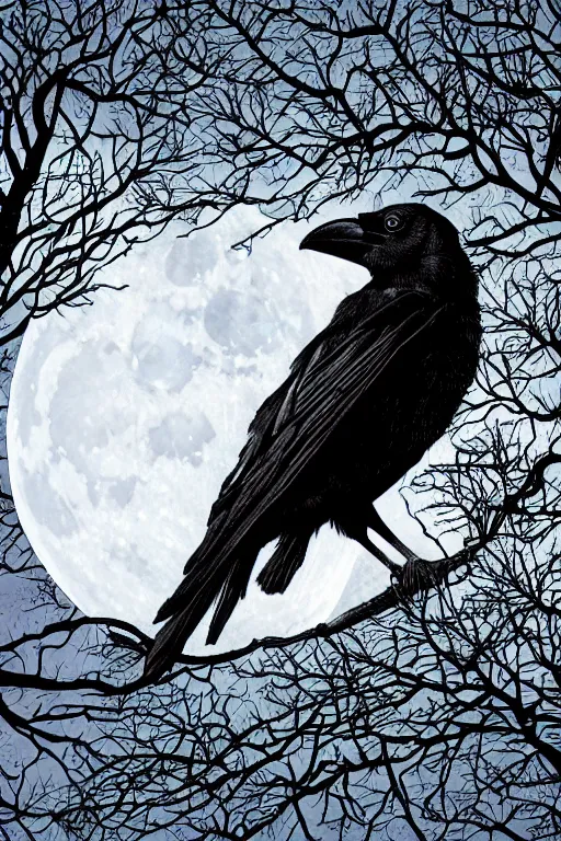 Prompt: close up portrait of a crow on a tree in front of the full big moon, vector graphic, clear lines, intricate, portrait, 8k highly professionally detailed, HDR, CGsociety