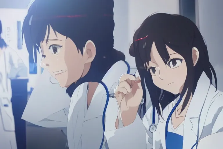 Prompt: a cute young female doctor wearing white coat are working in an emergency department , slice of life anime, cinematic, lighting, 8kHDR, anime scenery by Makoto shinkai