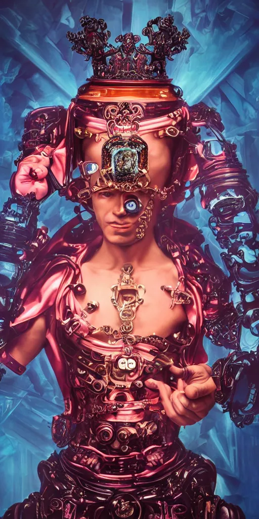 Prompt: baroque and cyberpunk style full-body sculpture of a young seductive Hispanic prince half android with a chest exposing a glowing ruby battery, glowing pink seductive laser eyes, crown of blue gears and diamonds, swirling salmon-colored silk fabric, robotic raptors dinosaurs. baroque elements. full-length view. intricate artwork by caravaggio. art by Artgerm and Greg Rutkowski and Alphonse Mucha, Trending on artstation, cinematic industrial lighting, photorealistic, octane render, 8k, depth of field, 3D