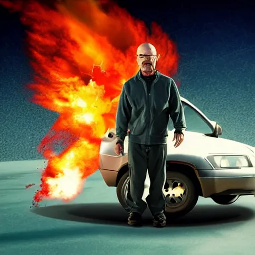 Image similar to photo of walter white on a hoverboard with an exploding car behind him, color, cinematic lighting