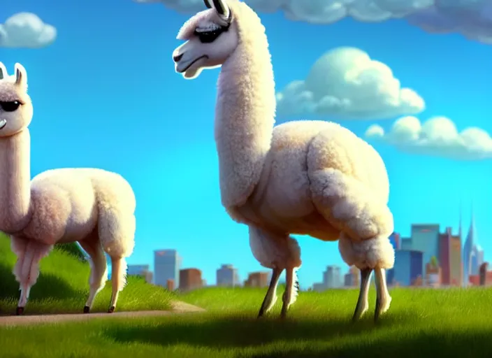 Image similar to a wholesome animation key shot of a llama, new york zoo in the background, studio ghibli, pixar and disney animation, sharp, rendered in unreal engine 5, anime key art by greg rutkowski, bloom, dramatic lighting