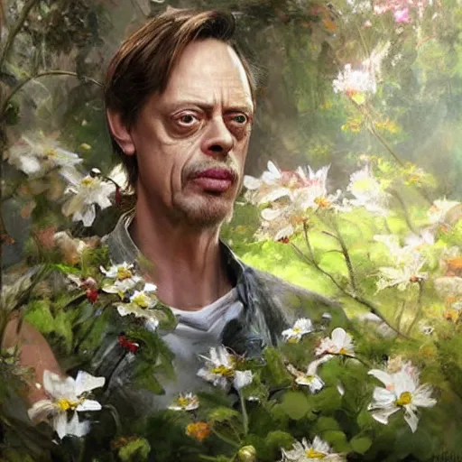 Prompt: steve buscemi sitting in a lovely garden. beautiful painting by raymond swanland, beautiful detailed face.