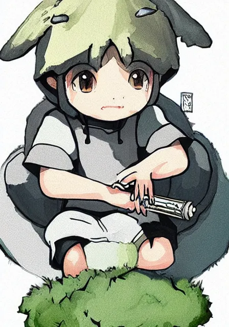 Image similar to little boy wearing sheep suit playing an flute sitting on bed. white, gray, blue, green and brown pallet color. made in abyss art style, inspired in kris from deltarrune, cute detailed artwork, anatomically correct