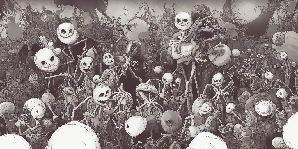 Image similar to a study of cell shaded cartoon of a scene from tim burtons nightmare before christmas, illustration, wide shot, muted colors, concept art by josan gonzales and wlop, by james jean, victo ngai, david rubin, mike mignola, laurie greasley, highly detailed, sharp focus, trending on artstation, hq, deviantart, art by artgem