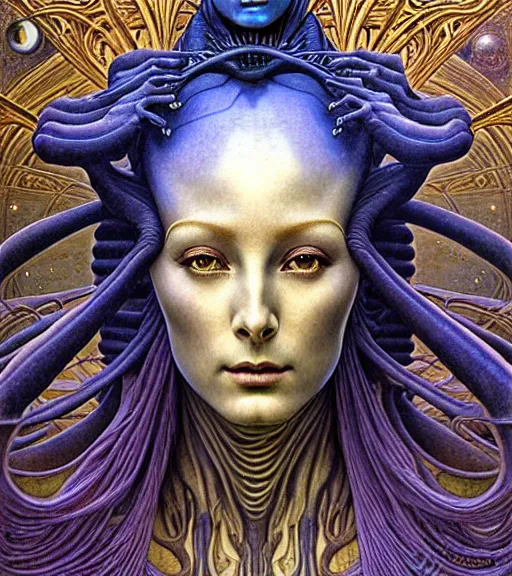 Image similar to detailed realistic beautiful young cher alien robot as queen of mars portrait by jean delville, gustave dore and marco mazzoni, art nouveau, symbolist, visionary, fractal baroque. horizontal symmetry by zdzisław beksinski, iris van herpen, raymond swanland and alphonse mucha. highly detailed, hyper - real, beautiful