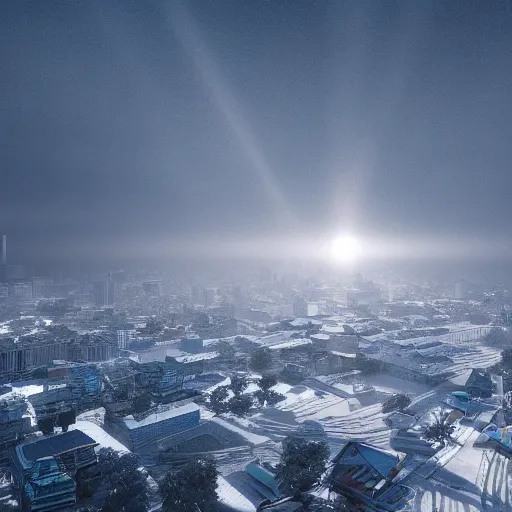 Image similar to Bangkok covered in snow and ice, volumetric lighting, light rays, photorealistic, ultrarealistic, coronarender, 8k