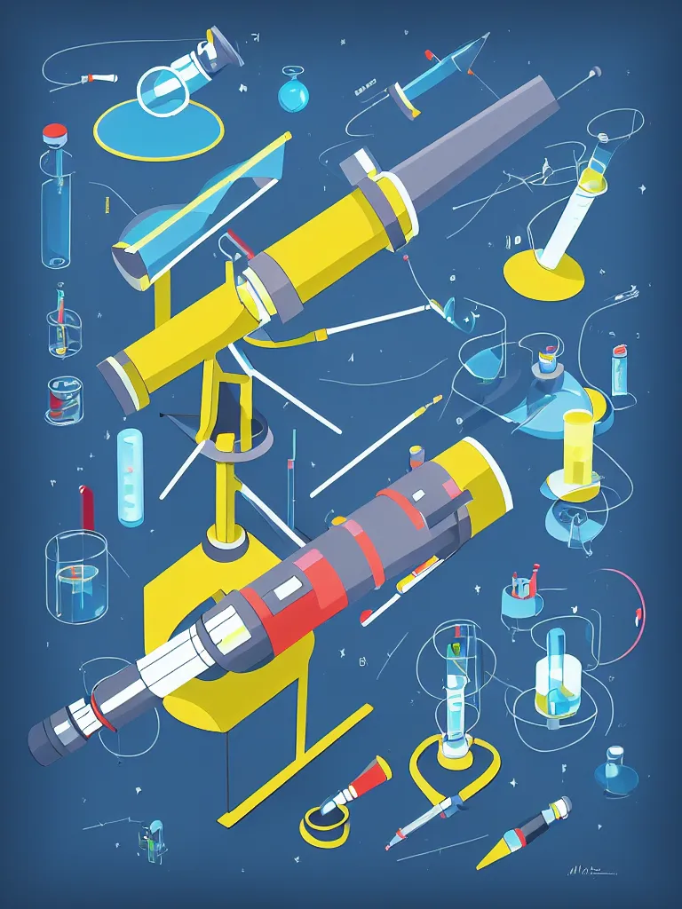 Prompt: editorial illustration scientific lab test tube telescope microscope spaceship, dynamic composition, detailed, matte print, dynamic perspective, colorful modern, mads berg