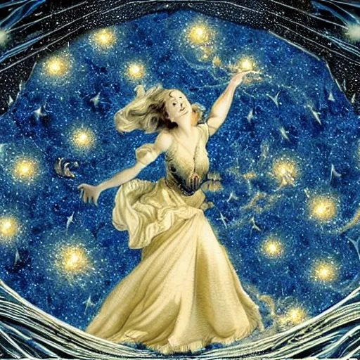 Image similar to sky in a starry night with glowing meteor showers, ascension of a woman decomposing and dissolving into moon, dark - blue black gold beige saturated, ornate baroque rococo art nouveau intricate detail, 3 d specular lighting, cinematic