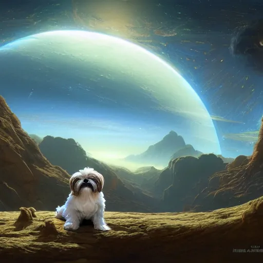 Image similar to Shih Tzu on an alien planet, digital painting, artstation, concept art, donato giancola, Joseph Christian Leyendecker, WLOP, Boris Vallejo, Breathtaking, 8k resolution, extremely detailed, beautiful, establishing shot, artistic, hyperrealistic, beautiful face, octane render, cinematic lighting, dramatic lighting, masterpiece