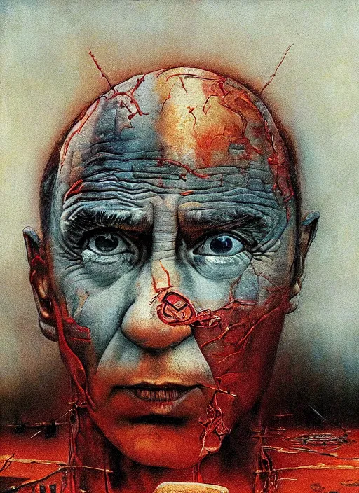 Image similar to Painting in a style of Beksinski featuring Vladimir Putin. Suffering and pain