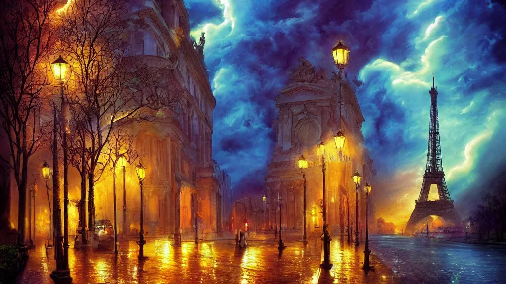 Prompt: beautiful stormy night in paris, illustration by anne stokes, beautiful dreamscape colorful, matte painting 3 - d 4 kcreative design 8 k digital art