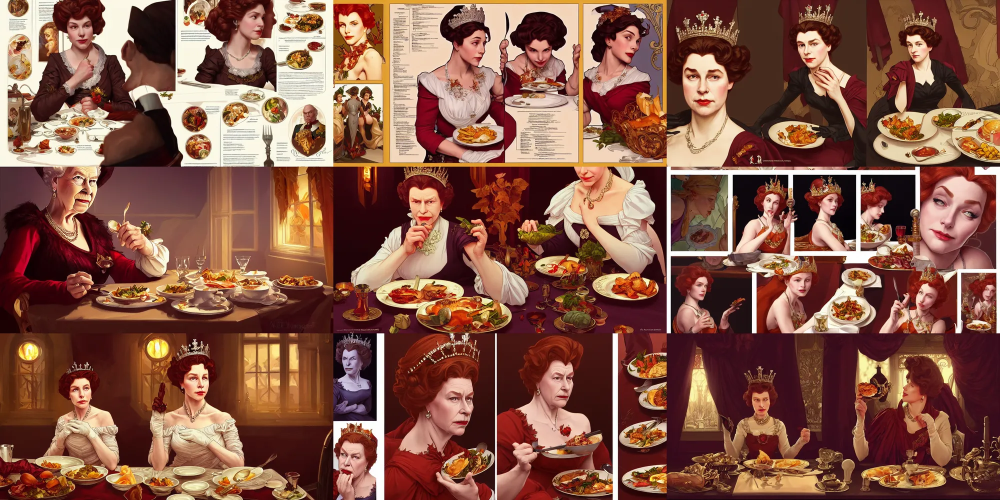 Prompt: queen elizabeth eating dinner, character sheet, character design, contrast, deep focus, turnaround, highly detailed, dramatic lighting, digital painting, artstation, concept art, matte, sharp focus, illustration, elegant, art by artgerm and greg f and alphonse mucha.