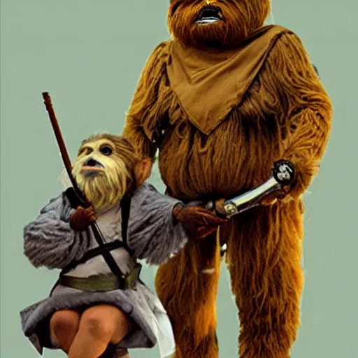 Prompt: Admiral Akbar as Princess Leia riding an Ewok