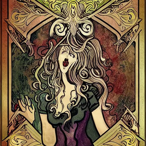 Image similar to artnouveau mythical scary creatures of layers of fear