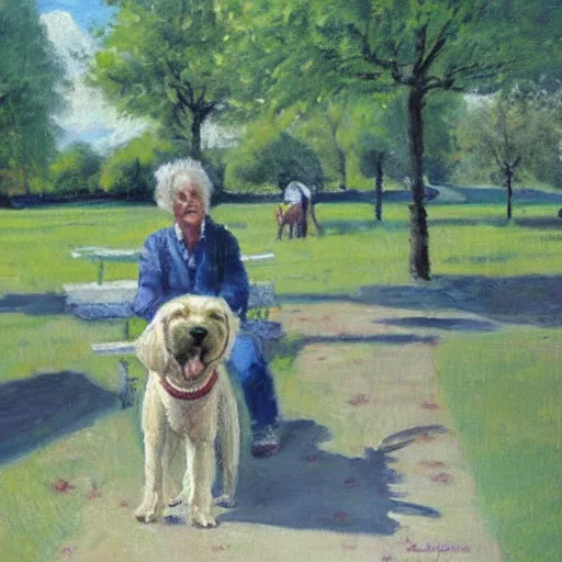 Prompt: A dog playing the Park Oil Painting by Roger Stevenson, Detailed