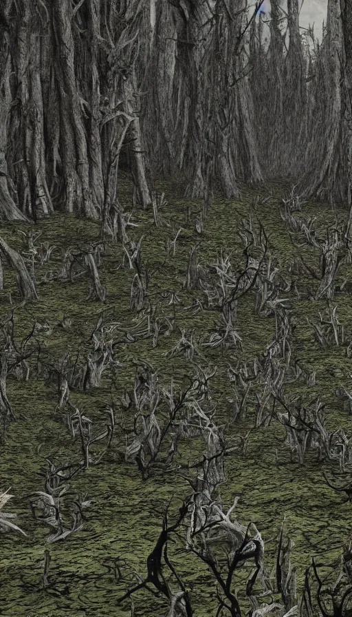 Prompt: a storm vortex made of many demonic eyes and teeth over a forest, with vray