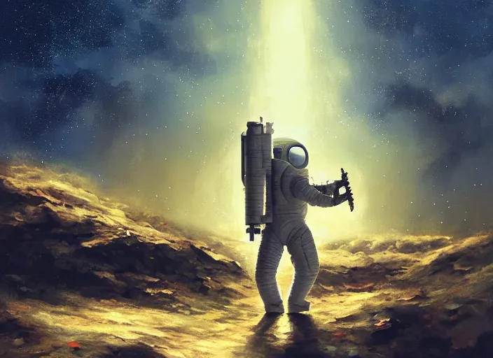 Prompt: craig mullins and ghibli digital illustration of an astronaut in the middle of the cosmos playing the saxophone, full body, strong contrast, earth, galaxies, ethereal, inviting, bright, raking light from constellations, unreal engine, hyper realism, realistic shading, cinematic composition, realistic render, octane render, detailed textures, photorealistic, wide shot