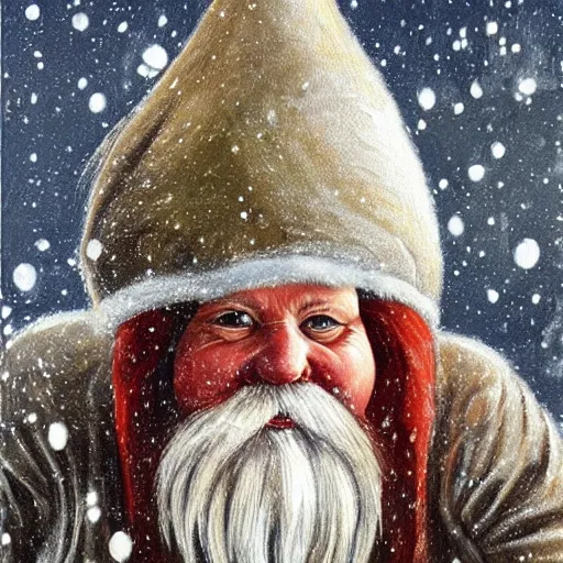 Image similar to portrait painting of scandinavian gnome in barn, winter clothes, very very very very very beautiful christmas art, wood and hay, masterpiece, realistic and detailed