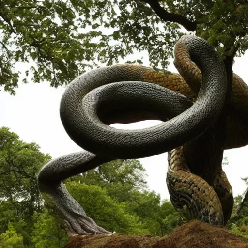 Image similar to A beautiful sculpture of a large, looming creature with a long, snake-like body. The creature has many large, sharp teeth, and its eyes glow a eerie green. It is wrapped around a large tree, which is bent and broken under the creature's weight. There is a small figure in the foreground, clutching a sword, which is dwarfed by the size of the creature. dark violet, octane 3d by Janine Antoni, by Arthur Hughes neat, playful