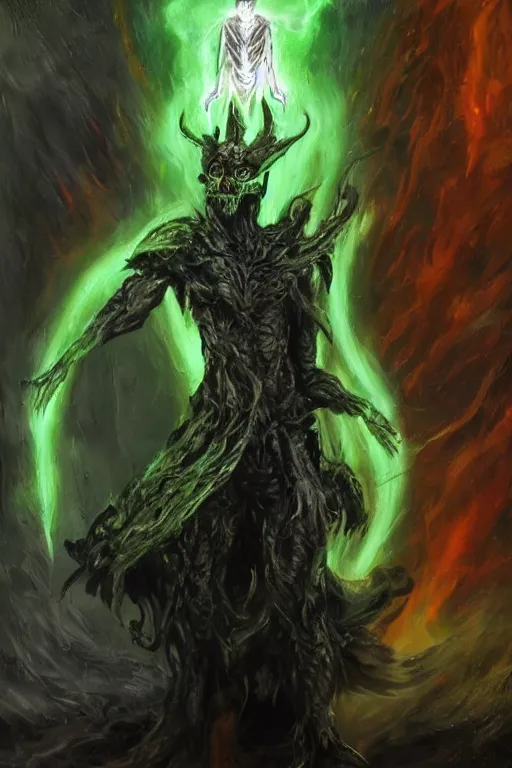 Image similar to a full body high detail fantasy portrait oil painting illustration of willem dafoe with a glowing evil halo of death and disease hell green fire, by justin sweet with face and body clearly visible, insane, realistic proportions, d & d, rpg, forgotten realms, artstation trending, high quality, sombre mood, artstation trending, muted colours, entire person visible!