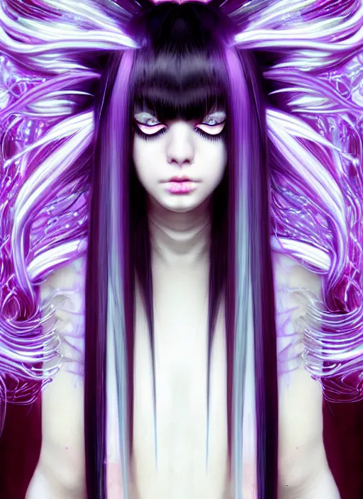 Image similar to hair whitebangs hair, black cyberlox, portrait of teenage girl with white bangs, whitebangsblackhair, messy bangs, cyberlox, whitebangs, red irises, purple clothes, intricate, elegant, glowing lights, highly detailed, digital painting, artstation, concept art, sharp focus, illustration, art by wlop, mars ravelo and greg rutkowski