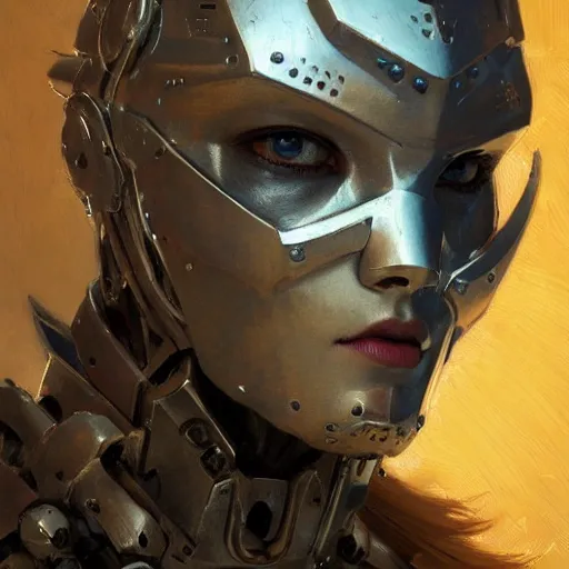 Image similar to portrait girl face metal cyborg armor and metal horse by gaston bussiere, anna nikonova aka newmilky, greg rutkowski, yoji shinkawa, yoshitaka amano, tsutomu nihei, donato giancola, geoffroy thoorens, concept art, trending on artstation, featured on pixiv