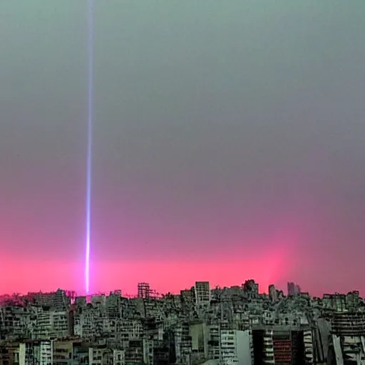 Image similar to ufo throwing laser beams over buenos aires, destroying buildings, people scared and escaping, the sky is red