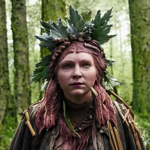 Image similar to deep gnome druid with leather clothing and leaves and sticks in her hair, photo from the movie midsommar