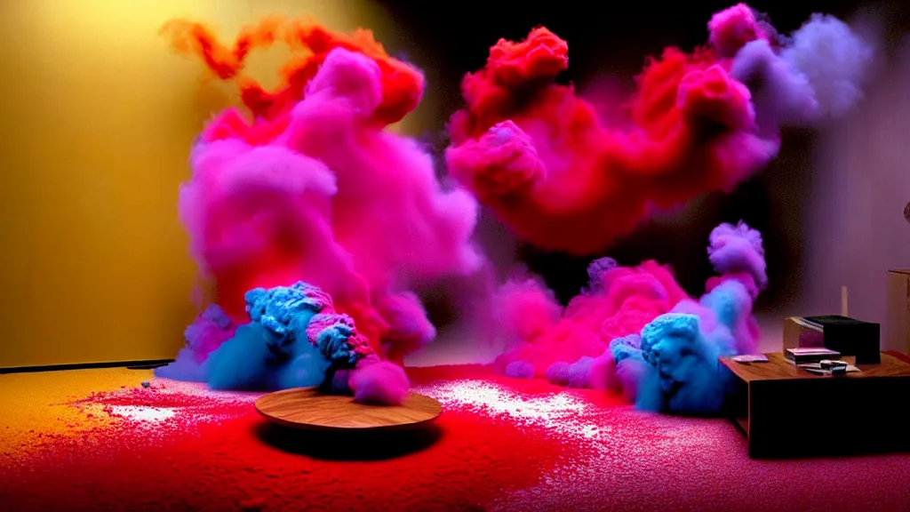 Image similar to colored powder explosion in the living room, film still from the movie directed by Denis Villeneuve with art direction by Salvador Dalí, wide lens