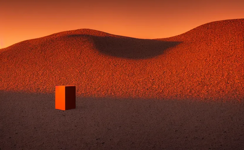 Prompt: giant black reflecting metal cube, standing in the mojave desert, dawn, orange sky, dslr photo, cinematic