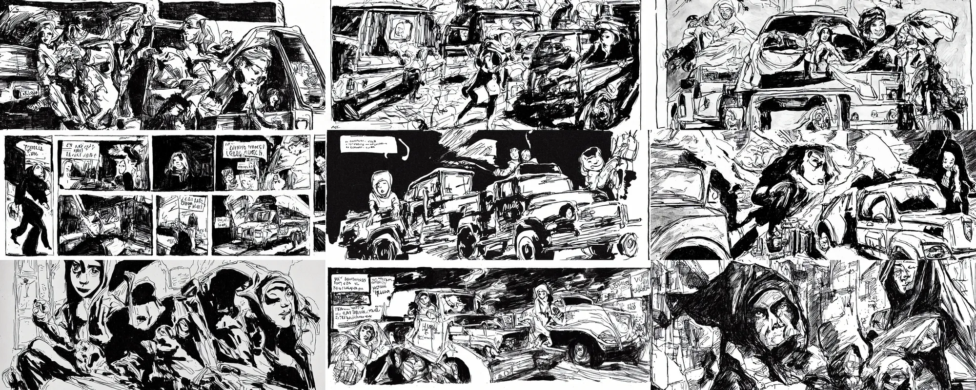 Prompt: storyboard of a girl in a hoodie holding onto the back of a fast-driving truck, heavy ink, by mike mignola