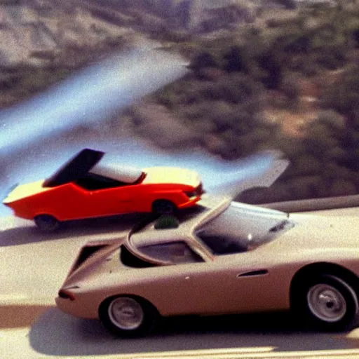 Image similar to car chased by anothrr car which is flying in the sky, movie still of James bond