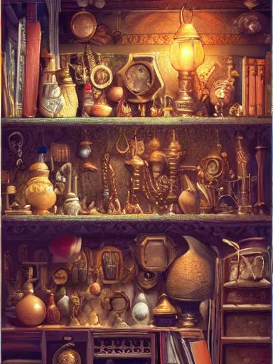 Prompt: a really messy shelf, full of different trinkets. intricate, elegant, highly detailed, digital painting, artstation, concept art, sharp focus, illustration, by justin gerard and artgerm, 8 k