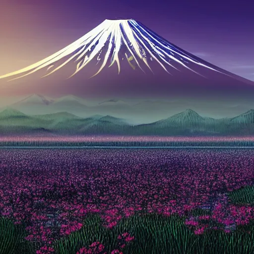 Prompt: a beautiful and detailed picture of mount fuji surrounded by a field of black lotus flowers with petals in a fibonacci sequence, in the style of magic the gathering, highly detailed, digital painting, god rays, volumetric lighting, octane render, 4 k resolution, art by adam paquette and johann bodin and jason rainville