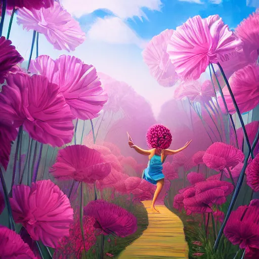 Prompt: a giant carnation flower as a head, a woman running between luxury apartments, surreal photography, sunlight, impressionist painting, digital painting, artstation, simon stalenhag
