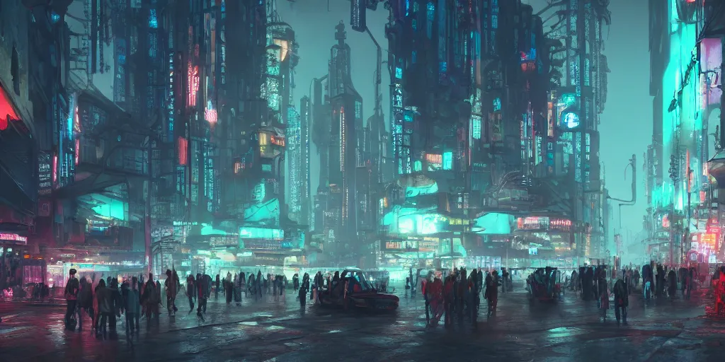 Image similar to matte painting environment design of dystopian cyberpunk city with neon lights, people on the streets being monitored by drones, trending on artstation, painted by dreadjim, eddie mendoza, james paick, zeen chin, 4k, octane render