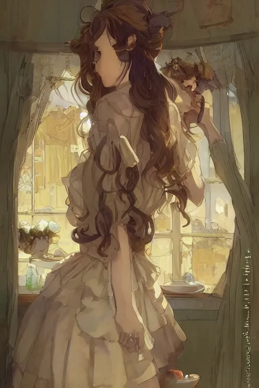 Image similar to A girl in a maid's outfit in a cafe a afternoon, wavy hair yellow theme,S line,45 angel by krenz cushart and mucha and akihito yoshida and greg rutkowski