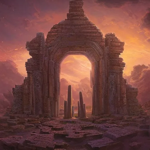 Prompt: the carved, ornate gatehouse to the celestial immaculate dimension is found amongst the standing stones of a forgotten civilization. stunning image by Noah Bradley, concept art, otherworldly, ethereal, cosmic energies, mayan ruins