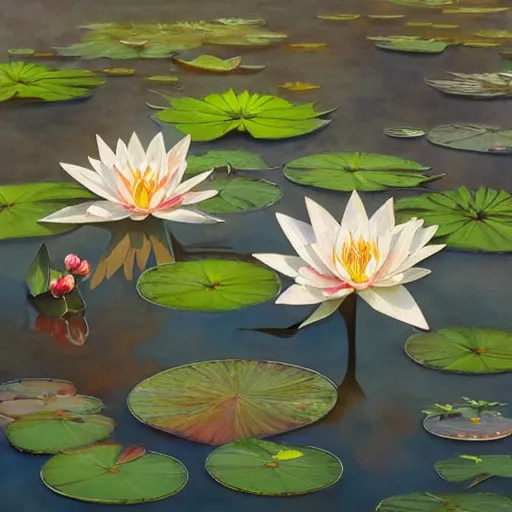 Prompt: Water Lillies in Pond, Watercolor, photorealistic, high resolution, award winning, trending on artstation, intricate, elegant, highly detailed, digital painting, artstation, concept art, smooth, sharp focus, illustration, art by artgerm and greg rutkowski and alphonse mucha