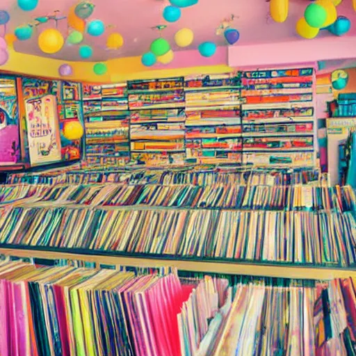 Prompt: inside of a record shop, 1960s saturday morning cartoon background, bright pastel colors