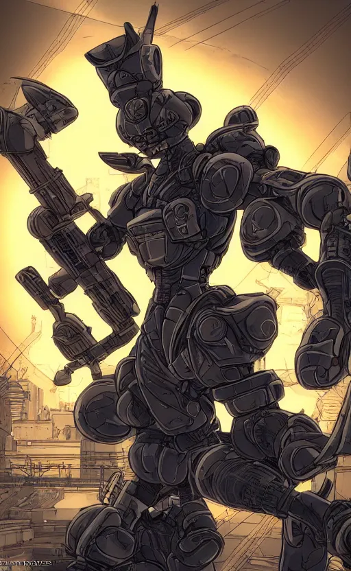 Image similar to portrait of a cat in a battlesuit in the style of masamune shirow 4 k, intricate, highly detailed, cinematic lighting