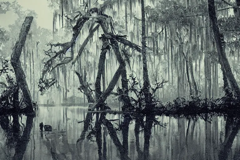 Image similar to scene from louisiana swamps, airboat, neon farm, big oak, pentagram, boy scout troop, voodoo artwork by tim eitel