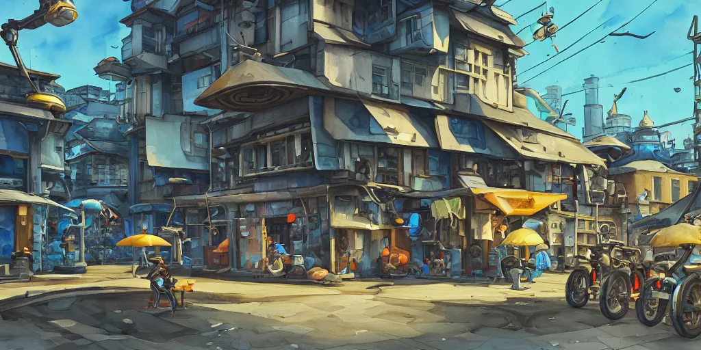 Image similar to overwatch building, stylized, exterior, architecture, in watercolor gouache detailed paintings, insanely detail, artstation, 8 k, futuristic, big medium small, arcane, simon stalenhag, food stall, interesting shapes & form, golden ratio, megastructures, vitaly bulgarov, slums, junkyard, oriental, asian, japanese alleyway