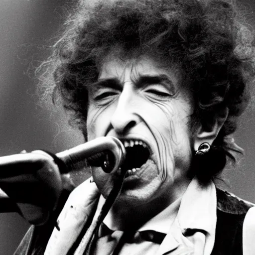 Image similar to rabid bob dylan foaming at the mouth, bloodshot eyes, raised eyebrows, rotten teeth